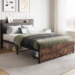 Full Size Bed Frame, Storage Headboard with Charging Station and 2 Storage Drawers,Vintage Brown and Gray W840137806-djyc
