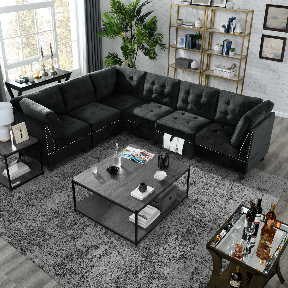 L shape Modular Sectional Sofa,DIY Combination,includes Three Single Chair and Three Corner ,Black Velvet. W487S00072-djyc