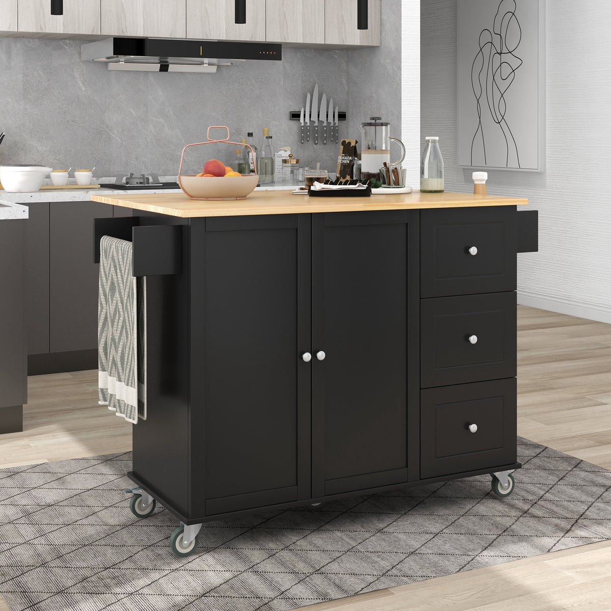 Rolling Mobile Kitchen Island with Solid Wood Top and Locking Wheels,52.7 Inch Width,Storage Cabinet and Drop Leaf Breakfast Bar,Spice Rack, Towel Rack & Drawer (Black) WF287035AAB-djyc