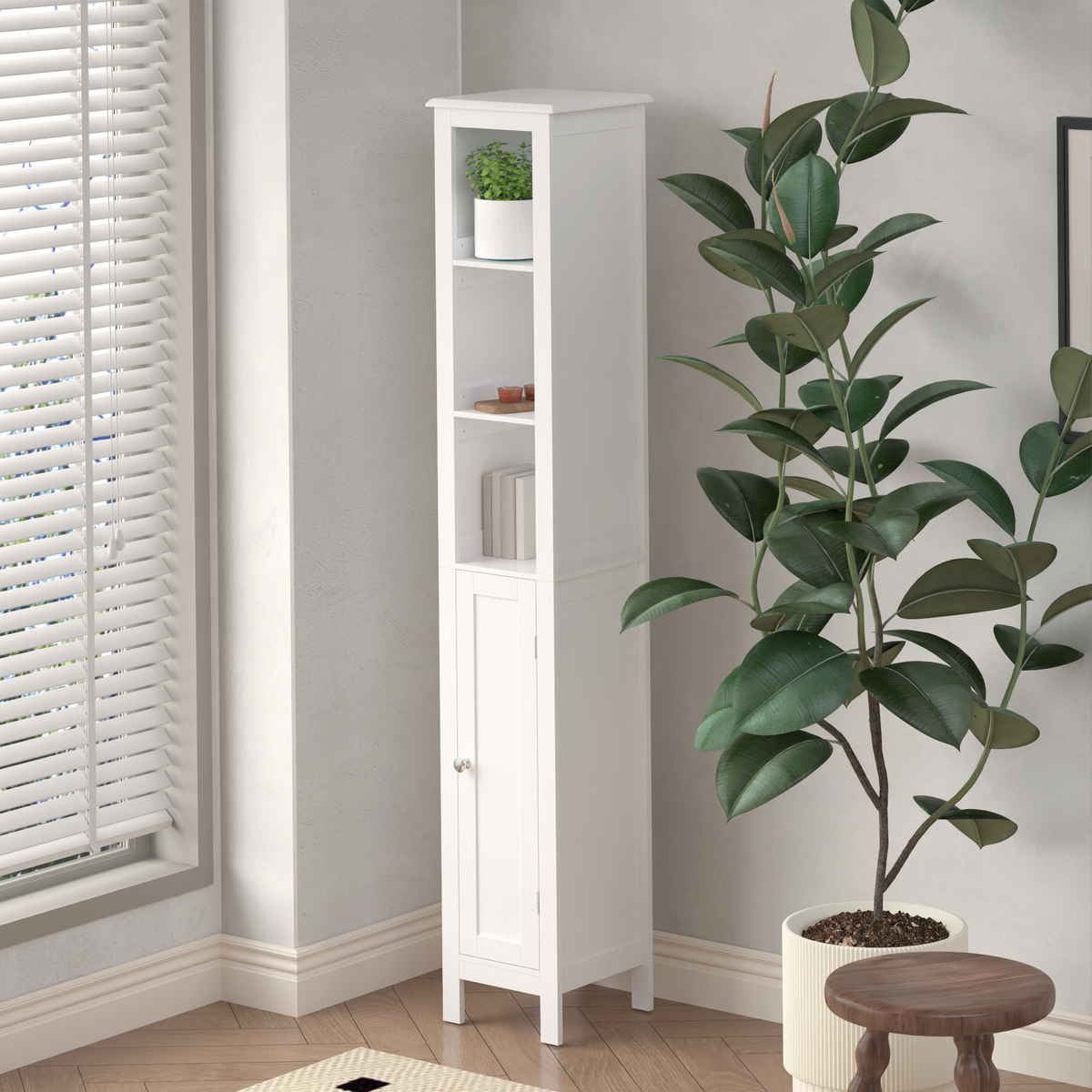 66.92" Tall Bathroom Storage Cabinet with Adjustable Shelves,Slim 1 Doors Freestanding Cabinet with Anti-Tip, Open compartments, for Home, Small Spaces, Bathroom,Kitchen, Living Room, White W808P174804-djyc