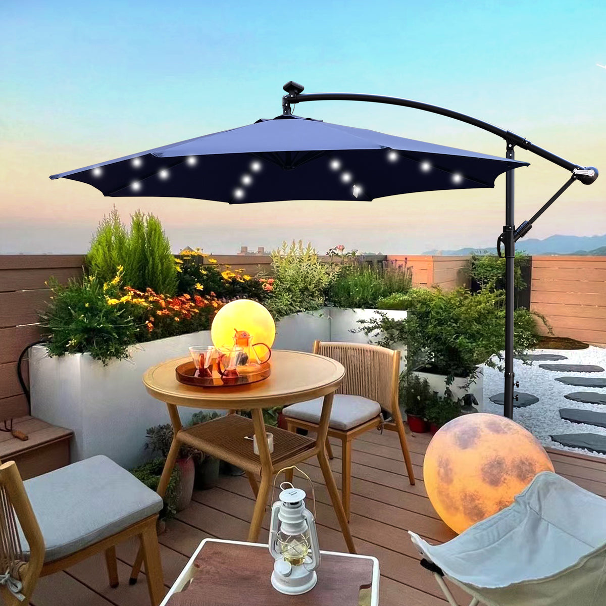 10 ft Outdoor Patio Umbrella Solar Powered LED Lighted Sun Shade Market Waterproof 8 Ribs Umbrella with Crank and Cross Base for Garden Deck Backyard Pool Shade Outside Deck Swimming Pool W65690319-djyc