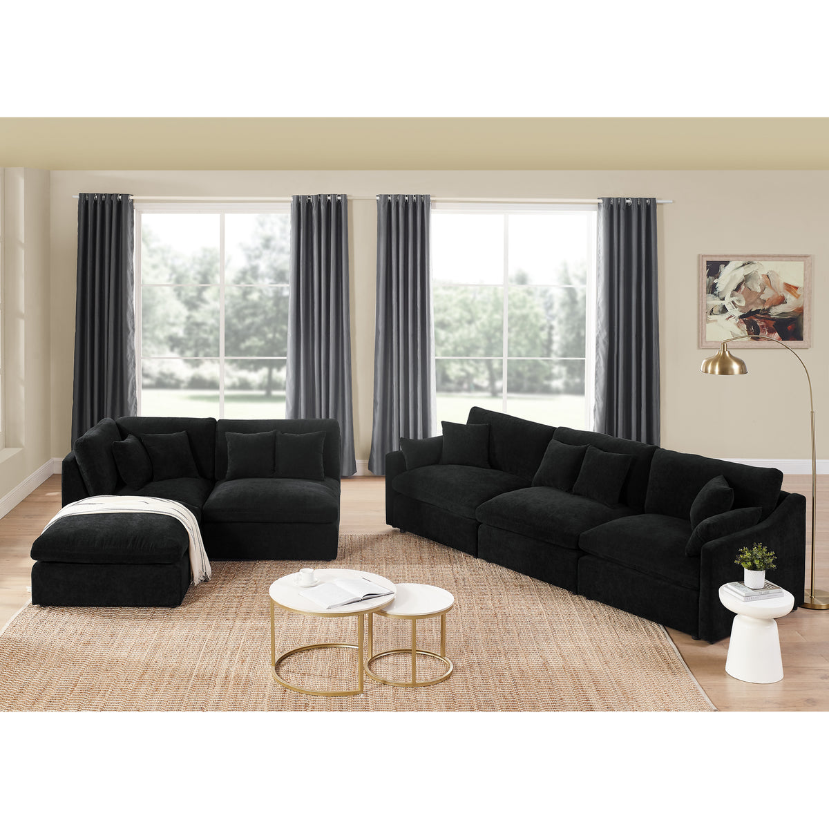 6-Seats Modular L-Shaped Sectional Sofa with Ottoman,10 Pillows, Oversized Upholstered Couch w/Removabled Down-Filled Seat Cushionfor Living Room, Chenille Black W487S00211-djyc