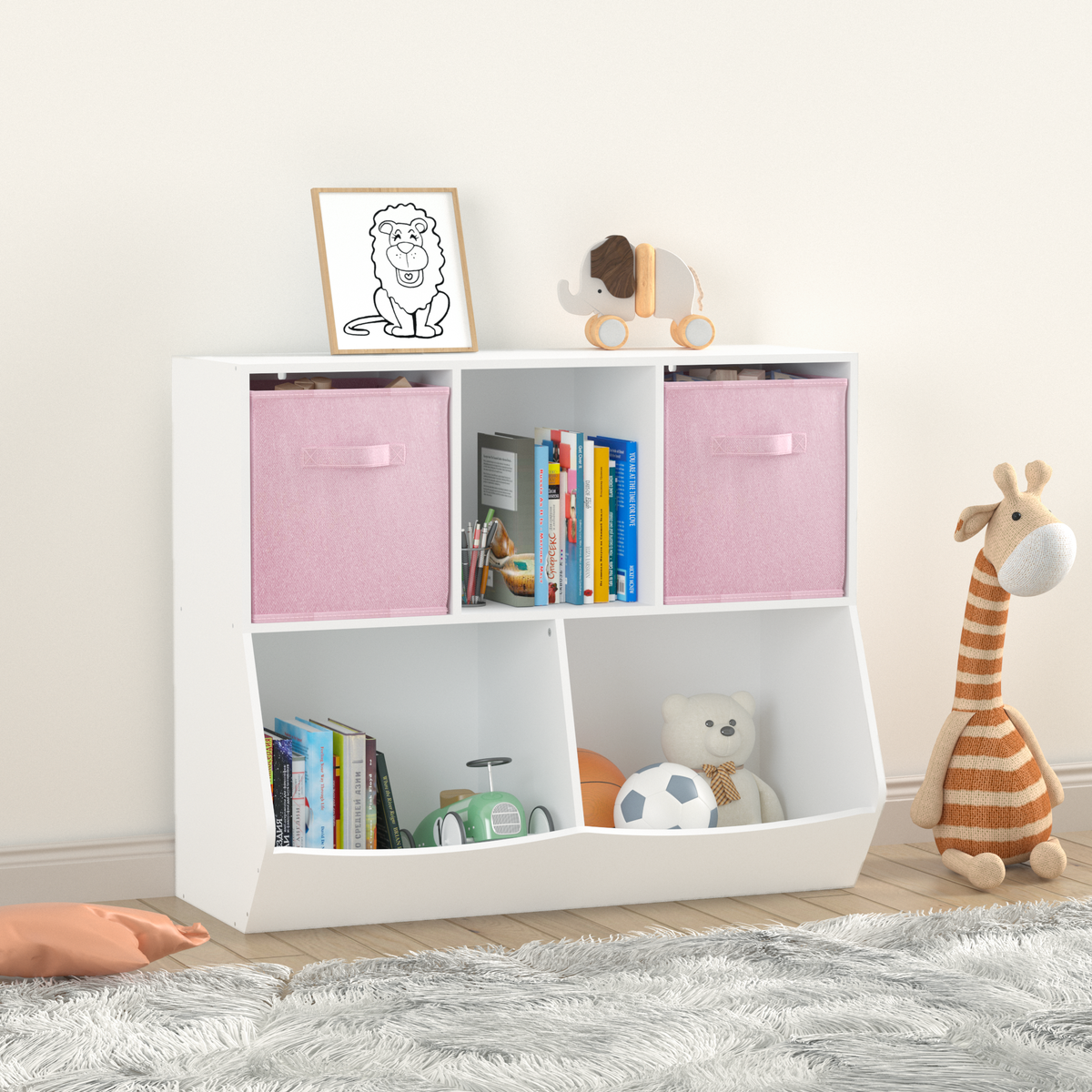 Kids Bookcase with Collapsible Fabric Drawers, Children's Toy Storage Cabinet for Playroom, Bedroom, Nursery, School, White/Pink W808119782-djyc