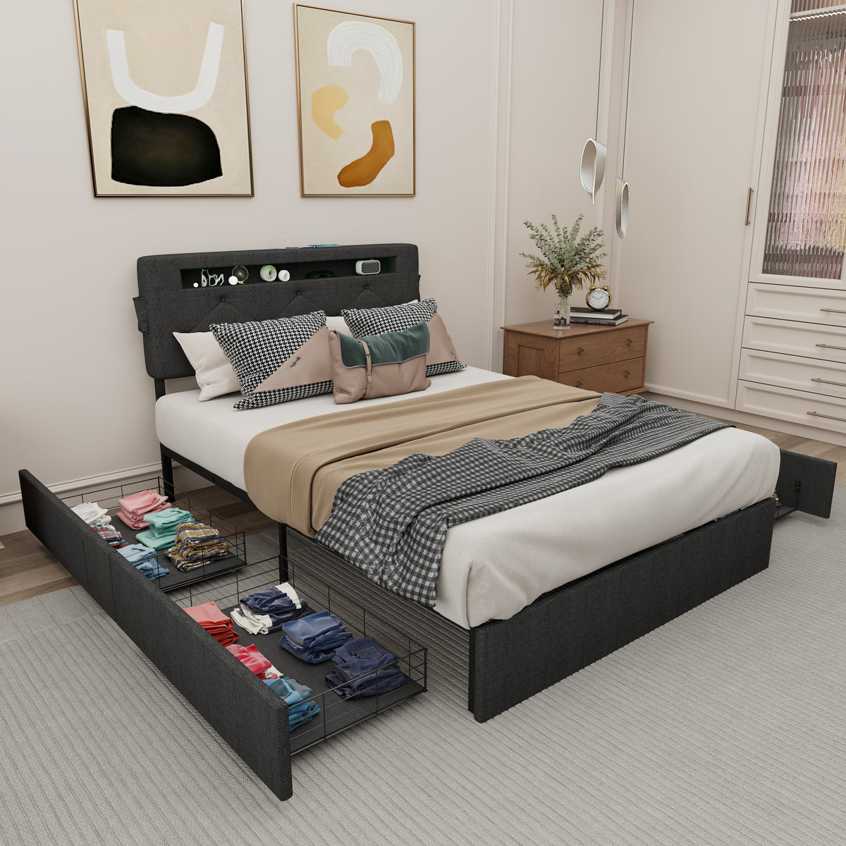 Queen Bed Frame with USB Charging Station & LED Lights, Queen Bed Frame with Headboard & 4 Storage Drawers, D W1960P175566-djyc