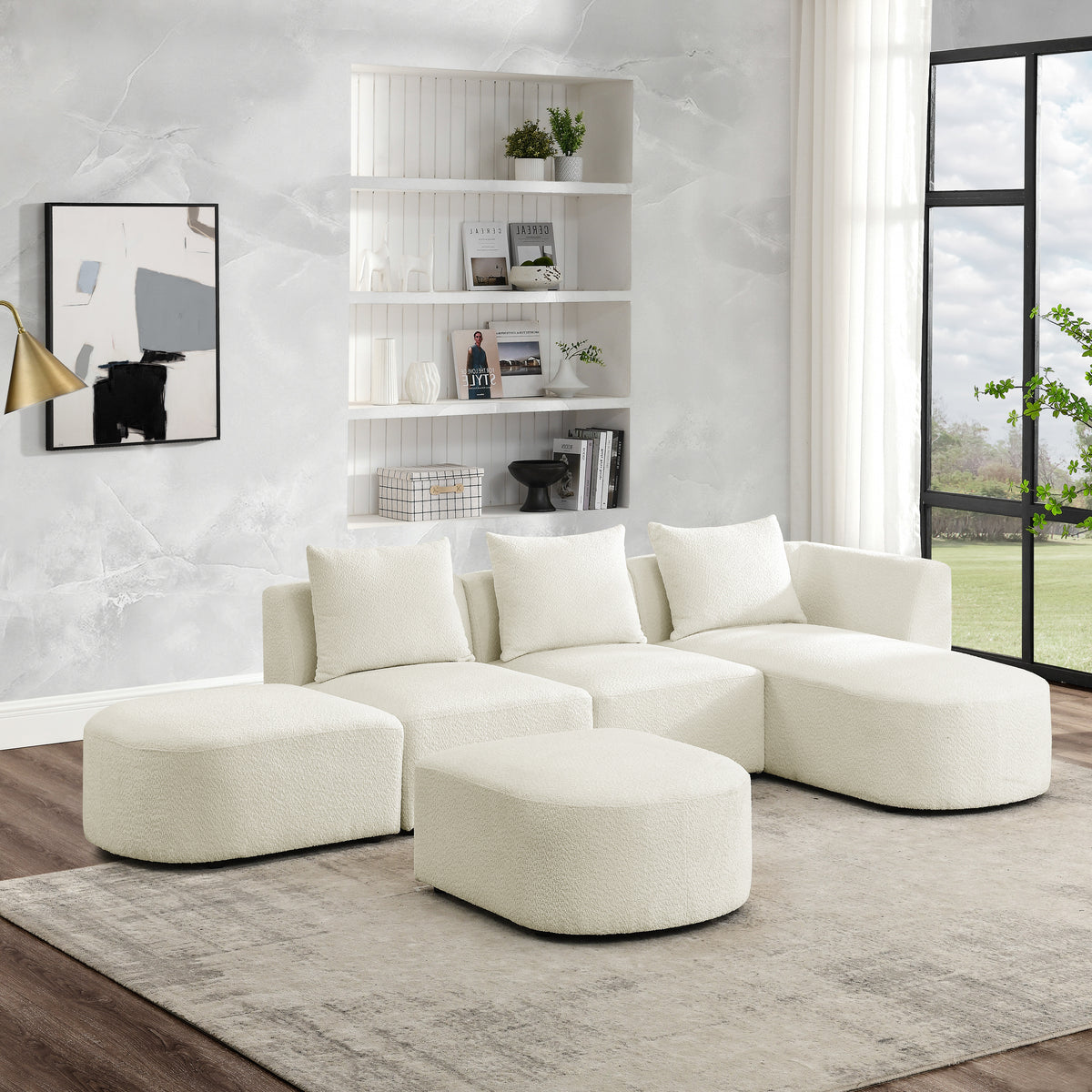 L Shape Sectional Sofa with Right Side Chaise and Ottoman, Modular Sofa, DIY Combination, Loop Yarn Fabric, Beige W487S00153-djyc