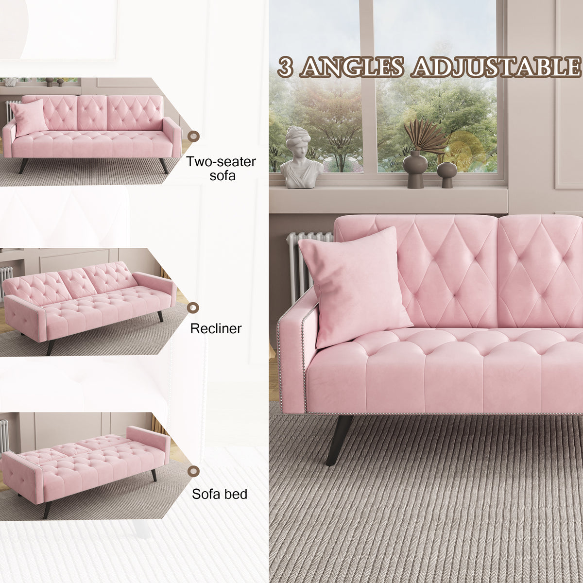 1730 Sofa Bed Armrest with Nail Head Trim with Two Cup Holders 72" Pink Velvet Sofa for Small Spaces W127850868-djyc