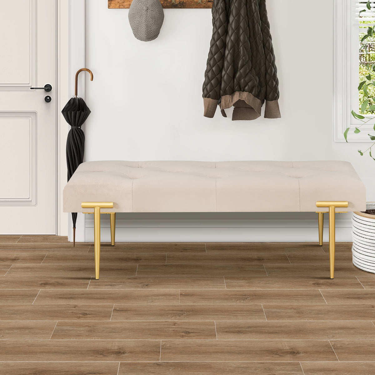 48'' Modern Ottoman Bench Velvet Bench Upholstered Footrest With Gold Metal Legs And Padded SeatFor Bedroom Living Room Entryway W1445P175900-djyc