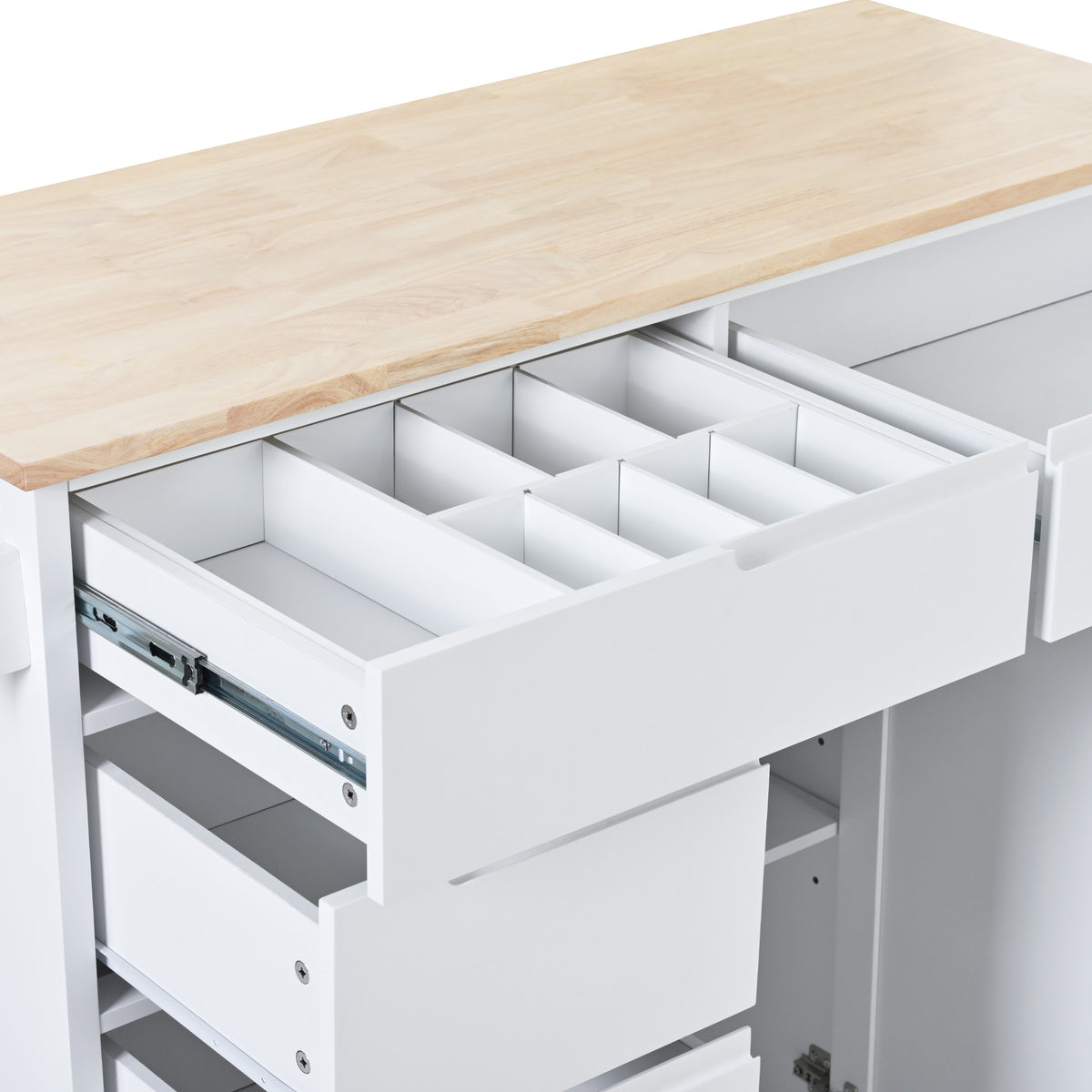 K&K Store Kitchen Cart with Rubber Wood Countertop , Kitchen Island has 8 Handle-Free Drawers Including a Flatware Organizer and 5 Wheels for Kitchen Dinning Room, White SK000002AAW-djyc