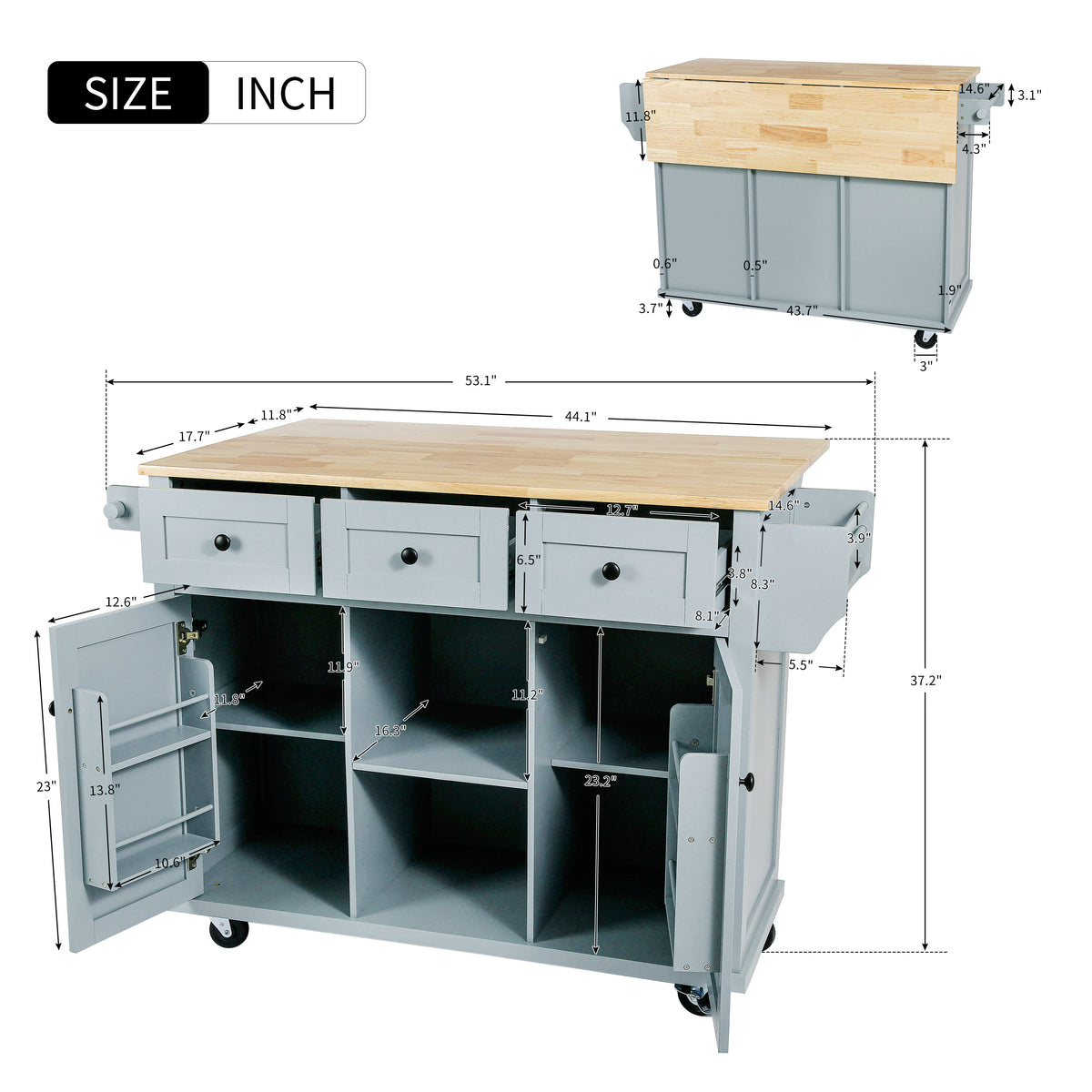 Kitchen Cart with Rubber wood Drop-Leaf Countertop ,Cabinet door internal storage racks,Kitchen Island on 5 Wheels with Storage Cabinet and 3 Drawers for Dinning Room, Grey Blue WF298028AAN-djyc