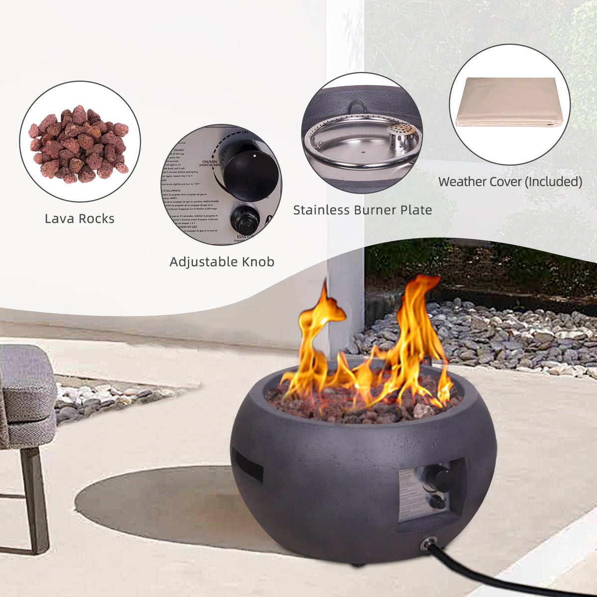 New Design Product Faux Concrete Texture Round Dark Propane Outdoor Fire Pit W2029120079-djyc