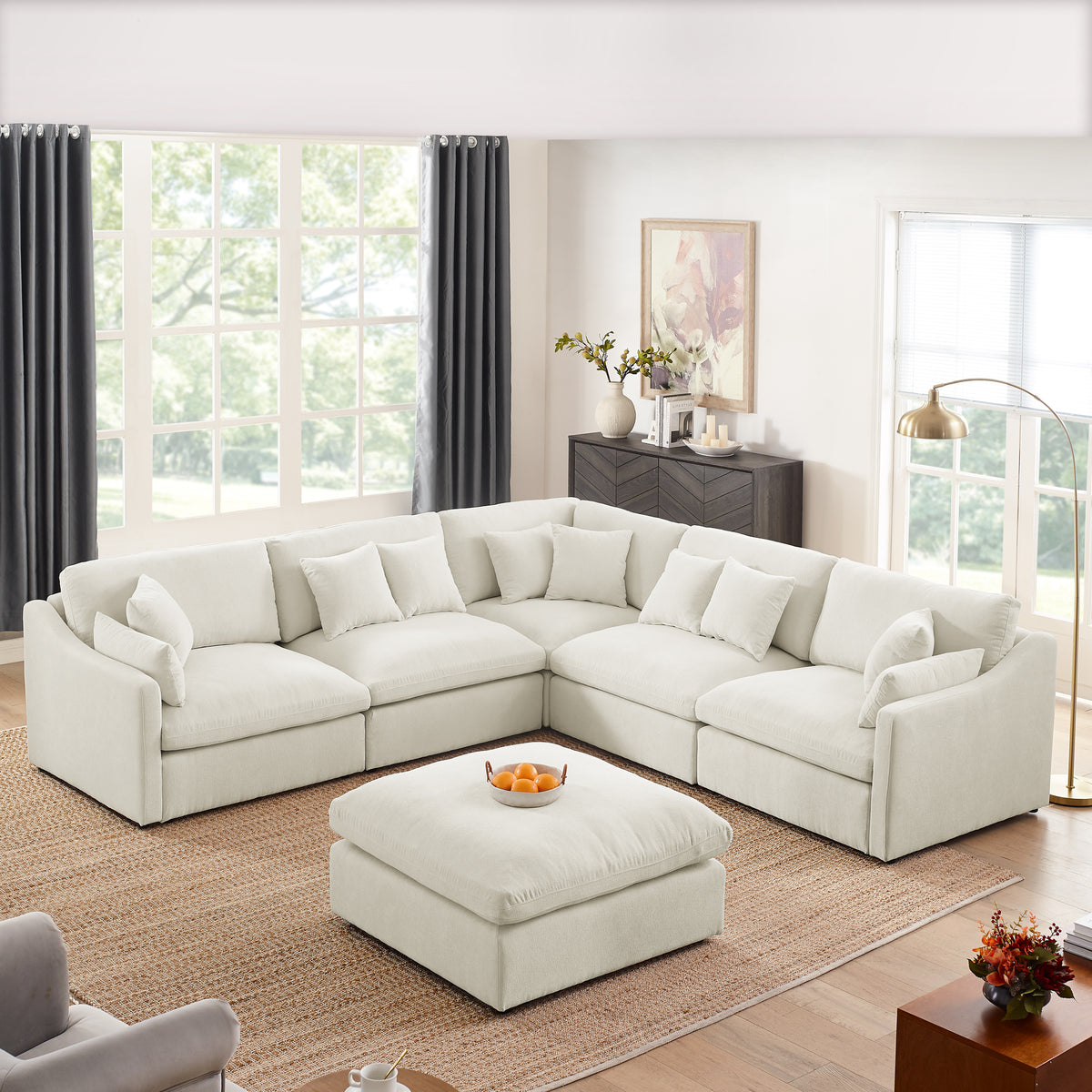 6-Seats Modular L-Shaped Sectional Sofa with Ottoman,10 Pillows, Oversized Upholstered Couch w/Removabled Down-Filled Seat Cushionfor Living Room, Chenille Beige W487S00209-djyc