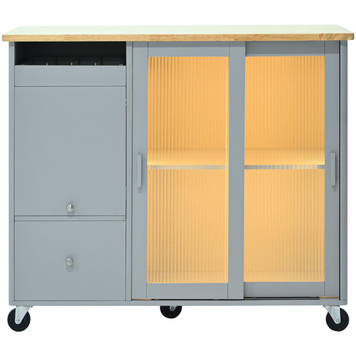 Kitchen Island with Drop Leaf, LED Light Kitchen Cart on Wheels with 2 Fluted Glass Doors and 1 Flip Cabinet Door, Large Kitchen Island Cart with an Adjustable Shelf and 2 Drawers (Grey Blue) WF311171AAG-djyc