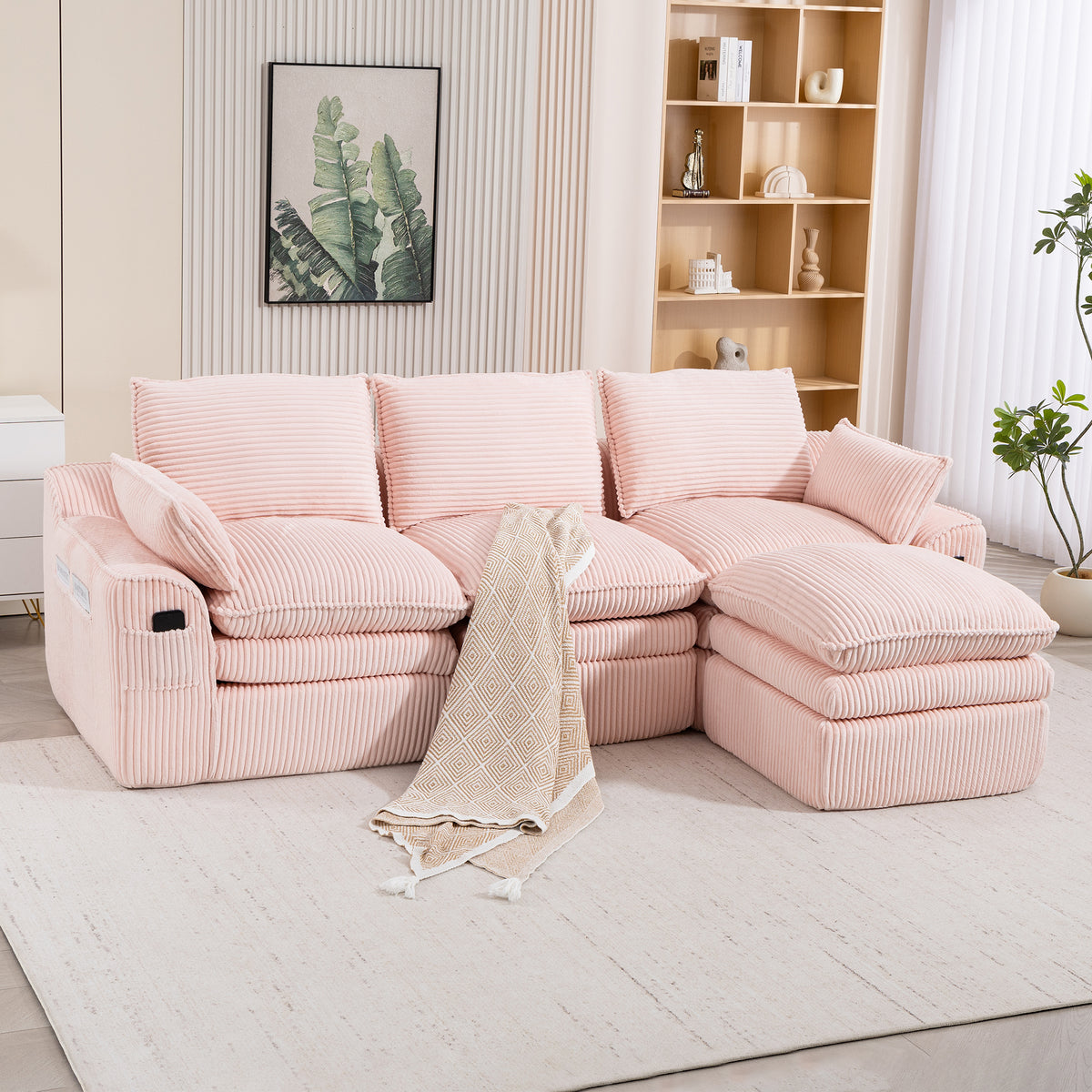 L Shaped Compressed Modular Sectional Sofa Modern Corduroy Upholstered Boneless Couches with Movable Footstool,With Three Pillows and Two Lumbar Pillows,Detachable Cloud Seat Cushions-W395S00138