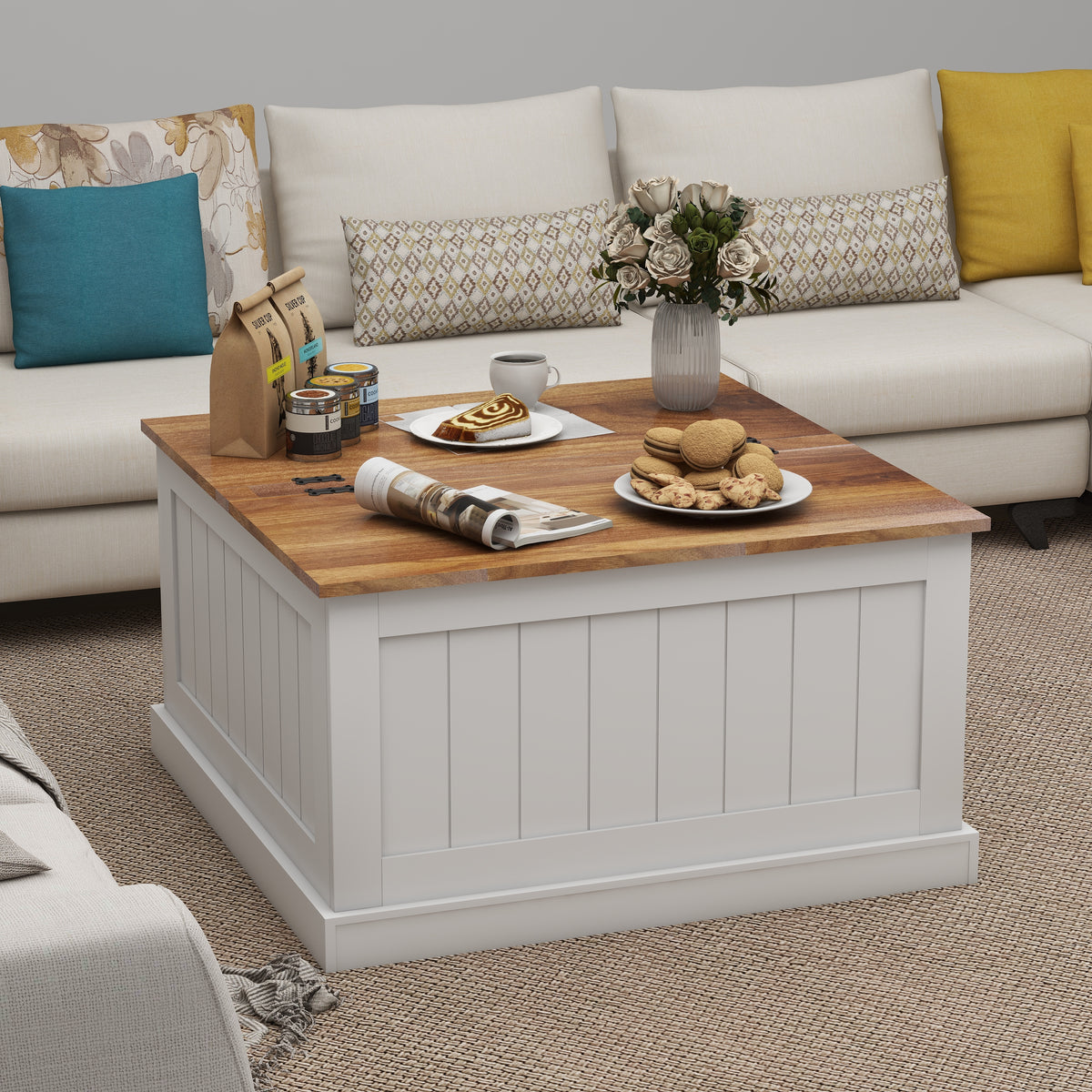 31.5" Farmhouse Coffee Table, Square Wood Center Table with Hinged Lift Top, Rustic Cocktail Table with Large Hidden Storage Compartmen for Living Room-White W282P160415-djyc