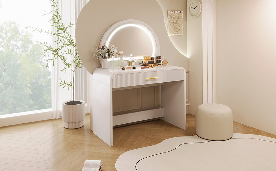 39" Makeup Vanity Table with Mirror Touch Screen Lighted Mirror, Dressing Table with Drawer for Bedroom, White N704P196658K-djyc