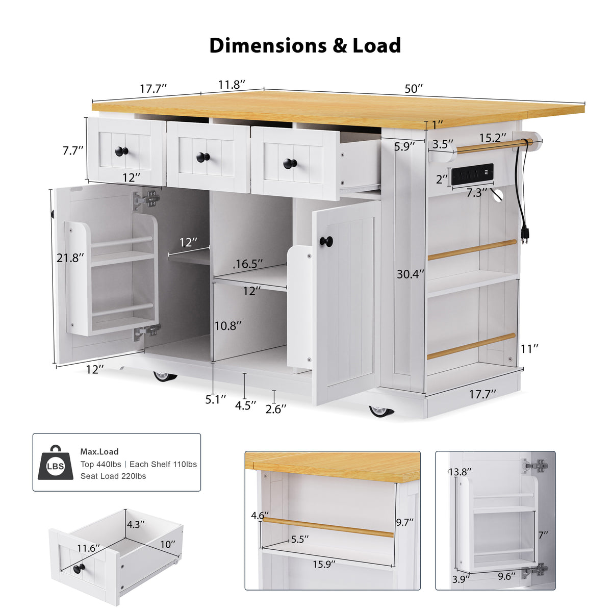 K&K 53inch Large Kitchen Island with Drop Leaf, Power Outlet, Door Internal Storage Rack, Rolling Kitchen Cart on 5 Wheels with 5 Open Side Racks for Kitchen, Dining Room,White(Not include bar stools) N707P185531W-djyc