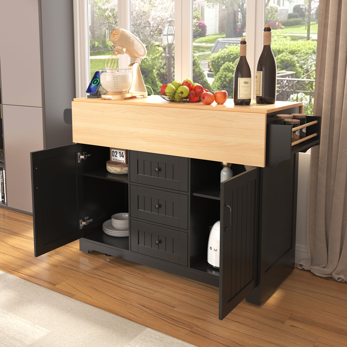 K&K 55.7'' Large Kitchen Island with 2 Drop Leaf,, Rolling Kitchen Cart on 5 Wheels with Power Outlet, Folding Storage Dining Table with Spice & Towel Rack , 3 Drawers, for Kitchen, Dining Room,Black N707P186617B-djyc