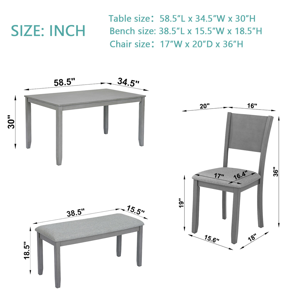 6 Piece Kitchen Dining Set, Rectangular Wooden Dining Table with 4 Upholstered Chairs and a Bench, Dining Table Set for 6 People, Living Room, Home Bar and Kitchen, Gray W1998S00054-djyc