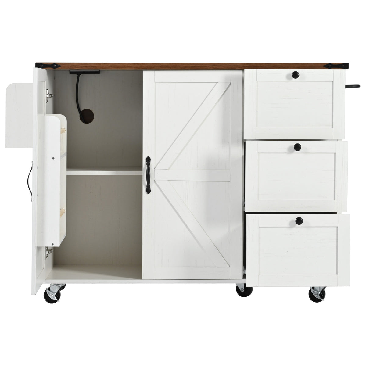 K&K 54.5" Farmhouse Kitchen Island with Power Outlet, Kitchen Storage Islandwith Internal Storage Rack, Drop Leaf, Spice Rack, Rolling Kitchen Cart on Wheels, for Home, Kitchen and Dining Room,White N707P170349W-djyc