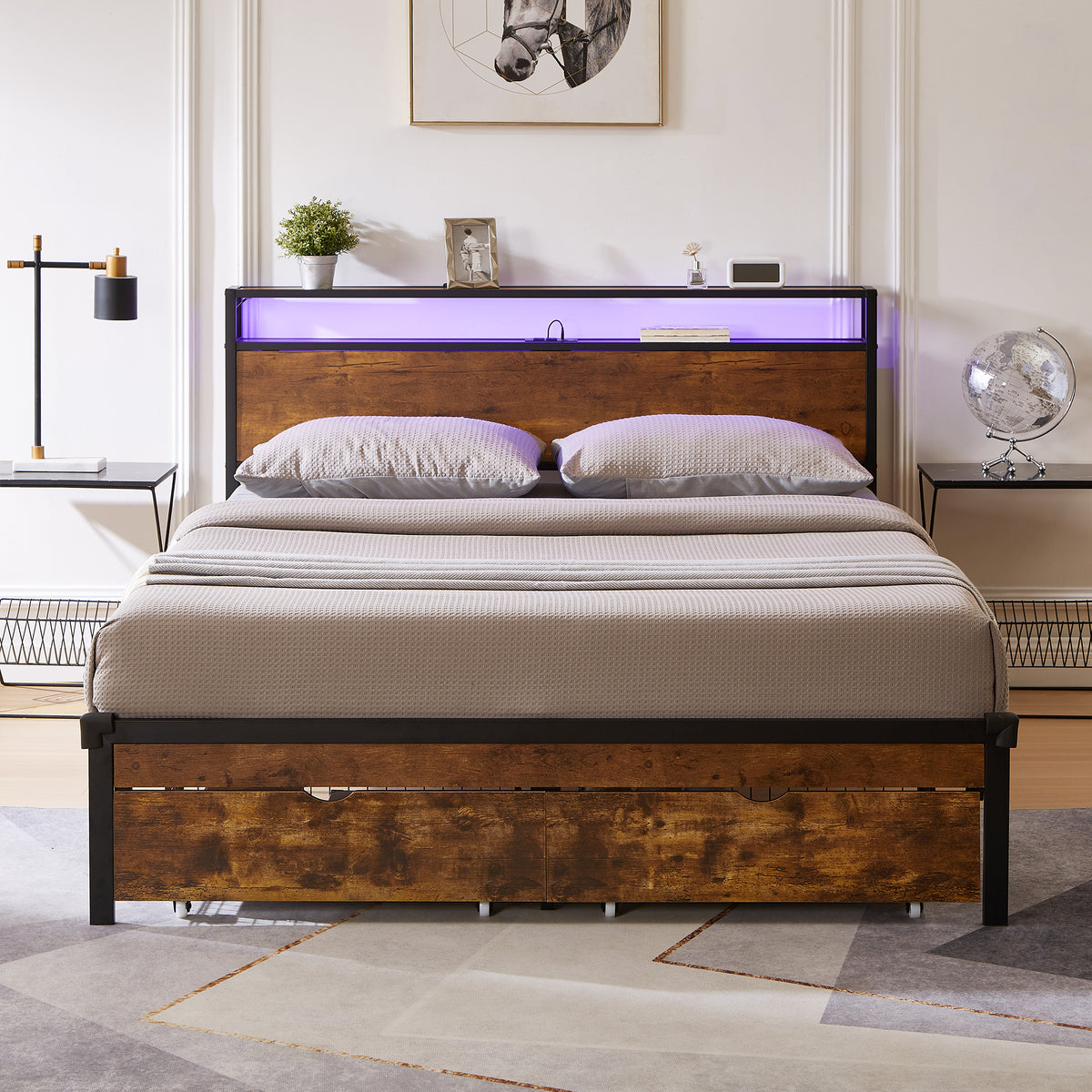 King Size Metal Platform Bed Frame with Wooden Headboard and Footboard with USB,Charging Station,2 Drawers,LED Lights, No Box Spring Needed, Easy Assemble W311S00044-djyc