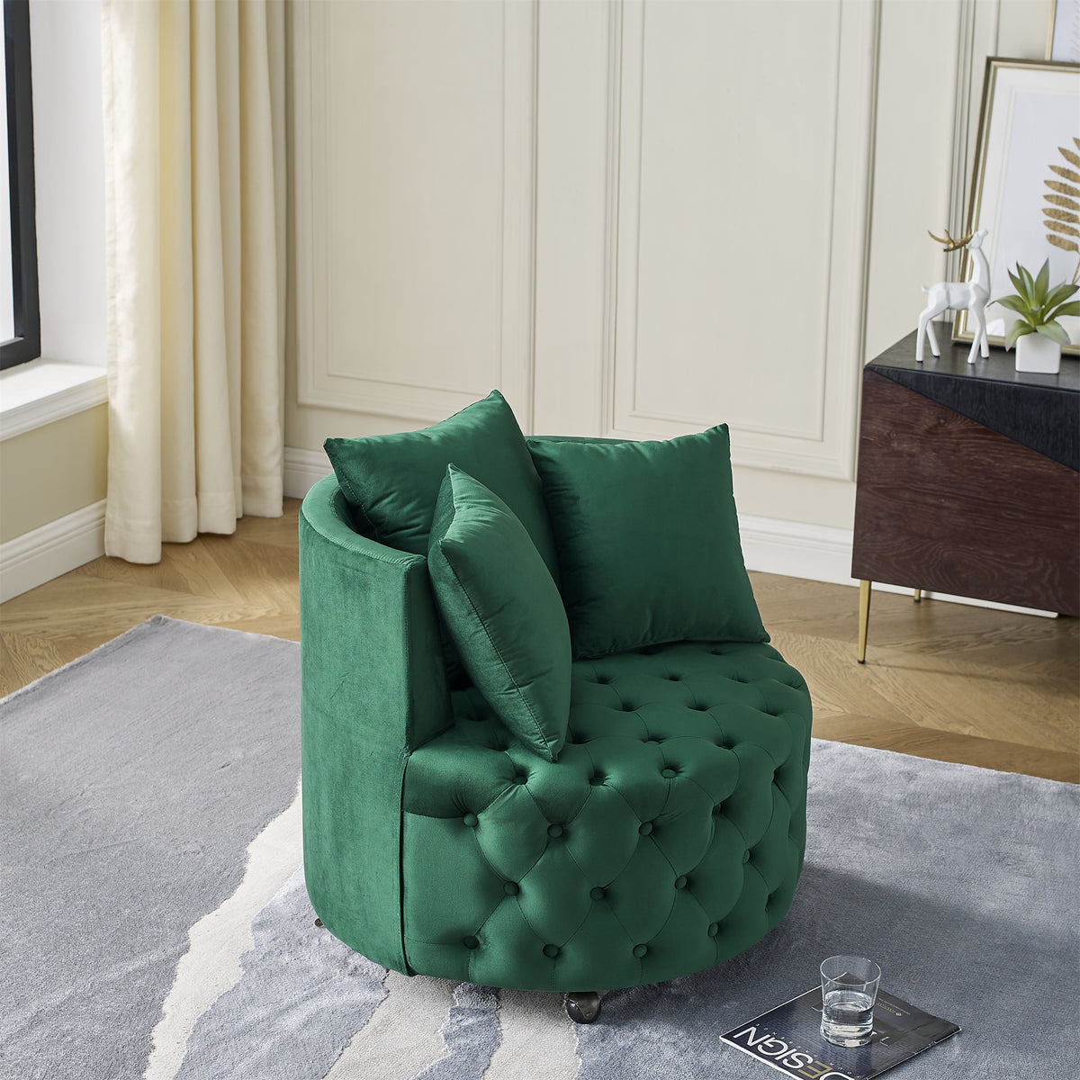 Velvet Upholstered Swivel Chair for Living Room, with Button Tufted Design and Movable Wheels, Including 3 Pillows, Green W48790919-djyc