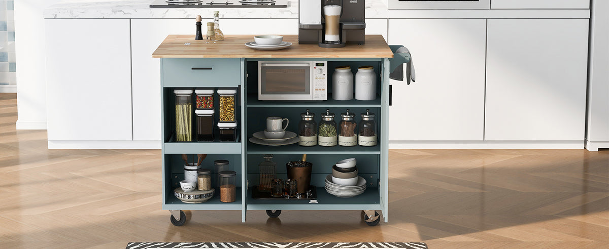 K&K Kitchen Island with Foldable Counter Top, Kitchen Storage Cart with Slide-Out Shelf, Towel Rack and Drawer, Rolling Kitchen Cart on Wheels, for Kitchen, Living Room, Dining Room, Grey Blue N707P173036G-djyc