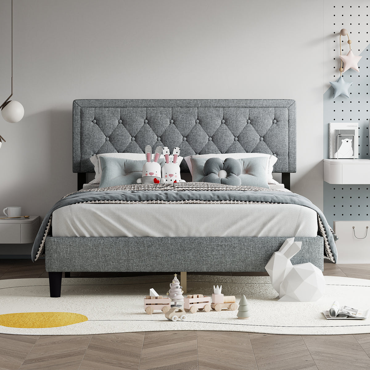 Queen size Panel Bed Frame with Adjustable Button-Tufted Headboard for Bedroom/Linen Upholstered/Wood Slat Support/Easy Assembly,Light Grey W1793140496-djyc