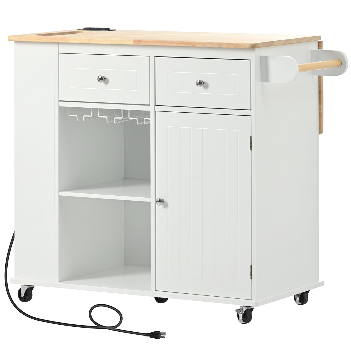 Kitchen Island with Power Outlet,Kitchen Storage Island with Drop Leaf and Rubber Wood,Open Storage and Wine Rack,5 Wheels,with Adjustable Storage for Home, Kitchen, and Dining Room,White WF305556AAW-djyc