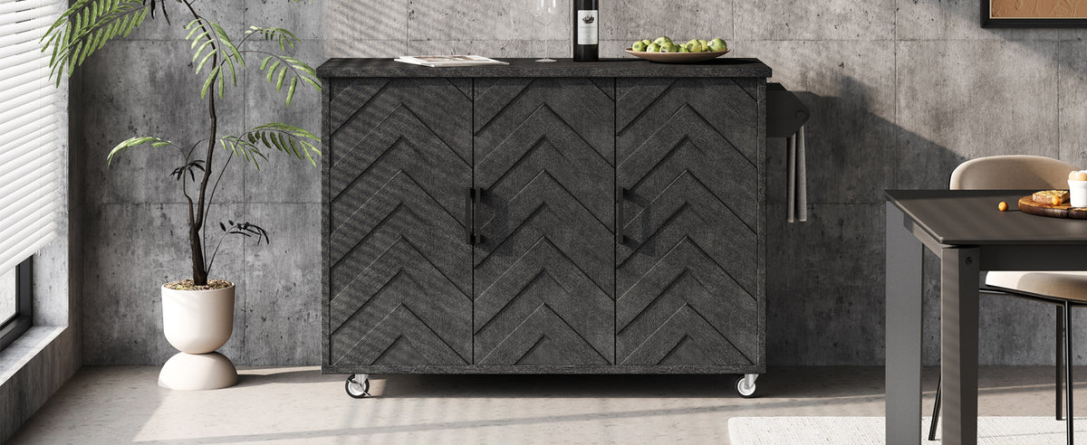 K&K 51.2"W 3D Wave Stripes Ash Veneer (Not Cheap Paper) Kitchen Island with Drop Leaf, Farmhouse Kitchen Island on Wheels with Internal Storage Rack, Rolling Kitchen Cart(Black) N707P207915B-djyc