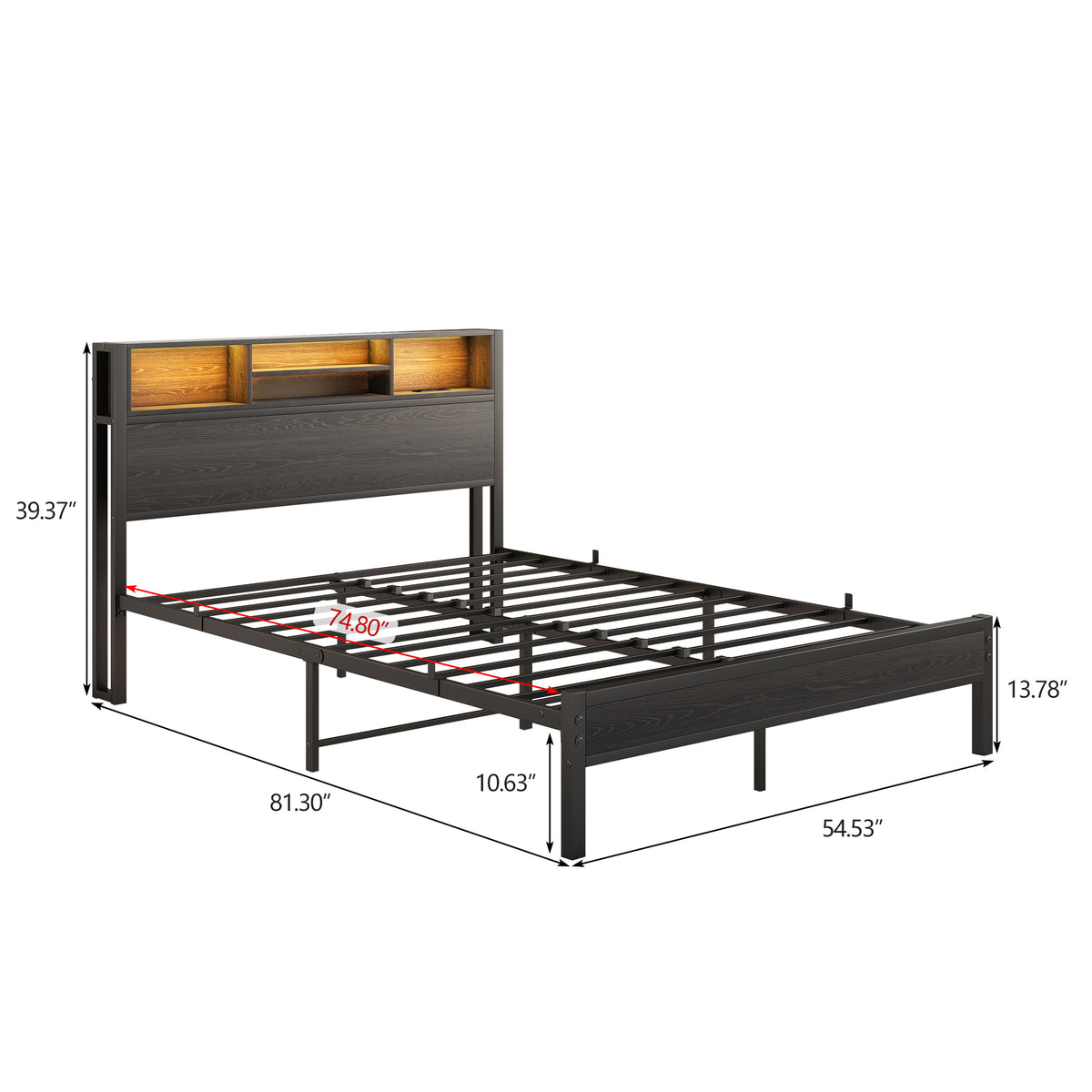 Full Size Bed Frame with Storage Headboard, Metal Platform Bed with Charging Station,Bookcase Storage, No Box Spring Needed, Easy Assembly, Noise-Free, Black W840P201068-djyc