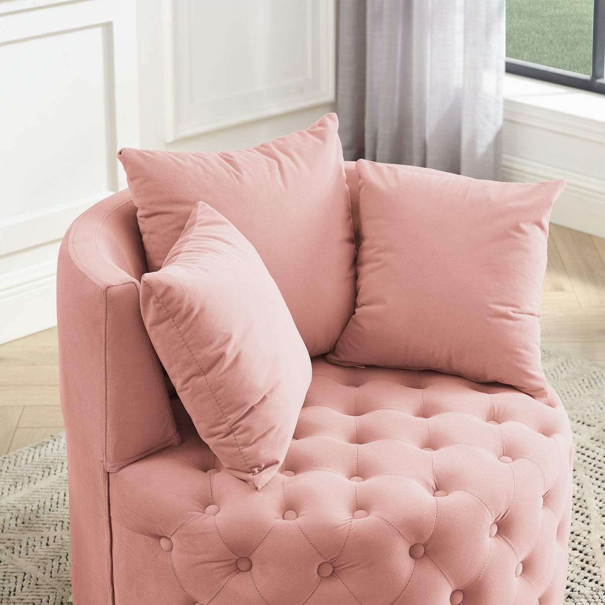 Velvet Upholstered Swivel Chair for Living Room, with Button Tufted Design and Movable Wheels, Including 3 Pillows, Pink W487124836-djyc