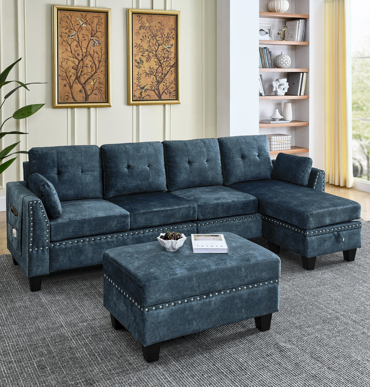 Sectional 3-Seaters Sofa ,Double-sided multi-functional footstool, storage mat , Non-slip leg, two pillows, Velvet,Navy blue W487S00239-djyc