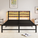Queen SizeMetal Bed Frame with Wooden Headboard, RGB Lights,Charger, Storage Shelf, Noise-Free, No Box Spring Needed,Rustic Brown W840P209904-djyc