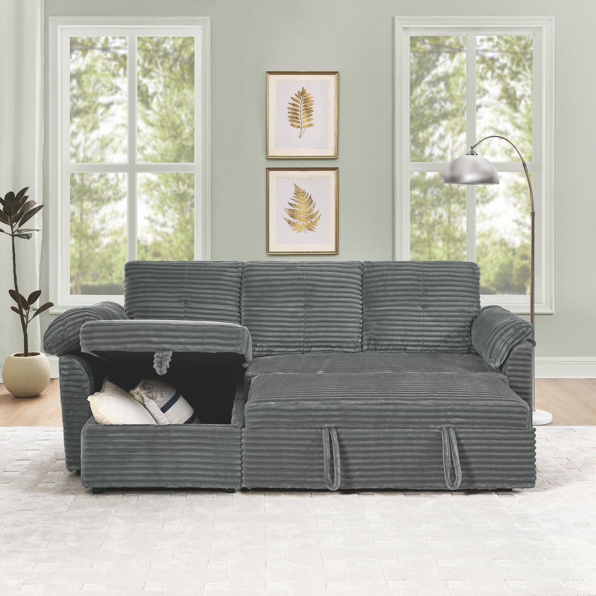 Corduroy Tufted Upholstered Sleeper Sectional Sofa, L-Shaped Modular Convertible Sofa with Storage Chaise, Pull Out Sleep Couch Bed and Reclining Backrest Perfect for Living Space,Grey W487S00225-djyc