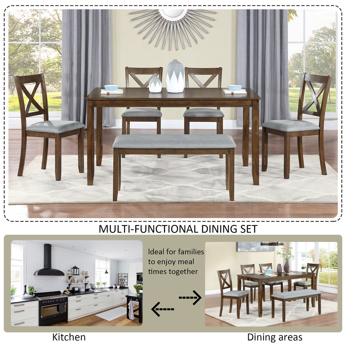 6 Piece Kitchen Dining Set, Rectangular Wooden Dining Table with 4 Upholstered Chairs and a Bench, Dining Table Set for 6 People, Living Room, Home Bar and Kitchen, Walnut W1998S00008-djyc