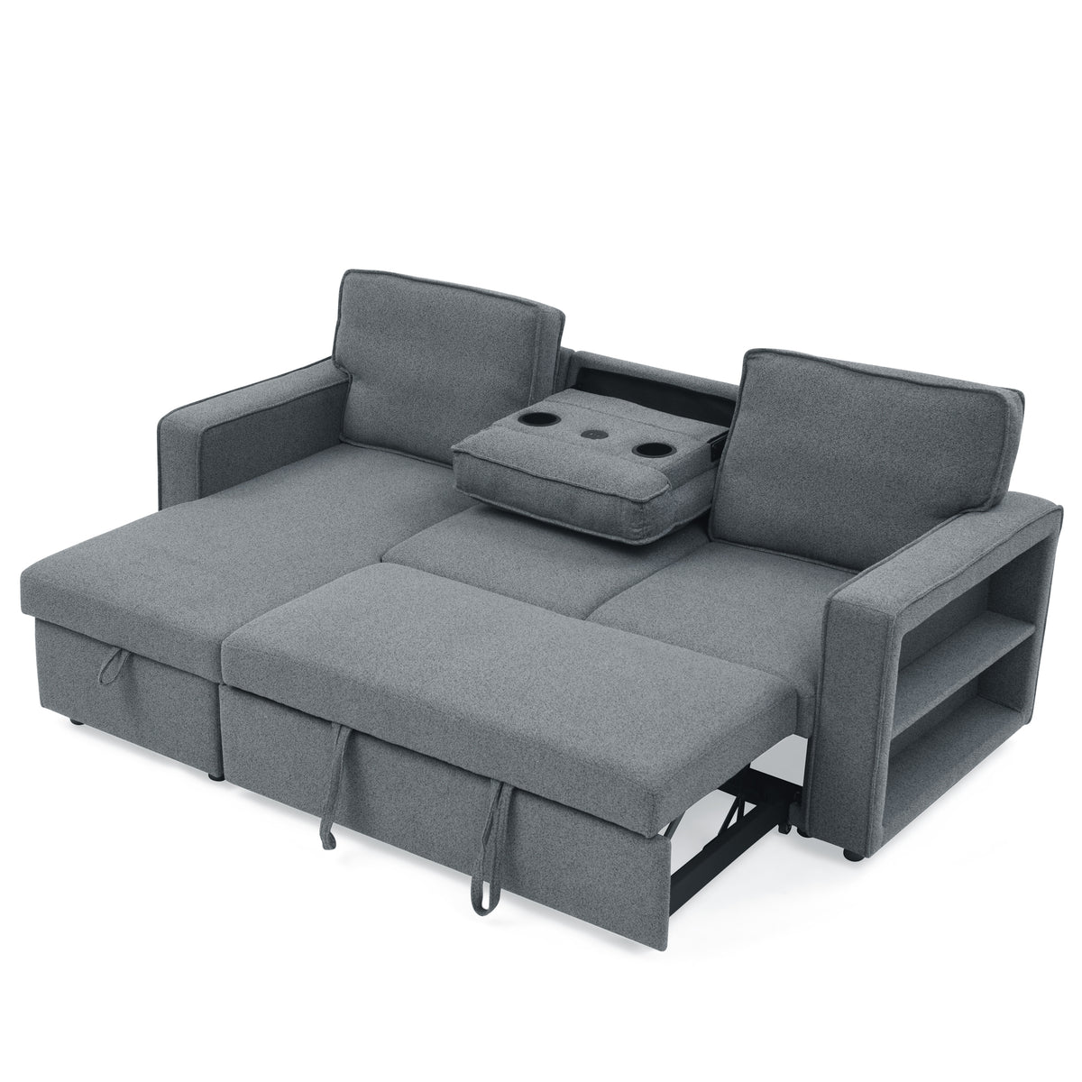 Linen Upholstered Sleeper Sectional Sofa, Shaped Modular Convertible Sofa with Storage Chaise,There are two cup holders in the middle and USB multi-interface function,Pull Out Sleep Couch Bed ,Grey W487S00245-djyc