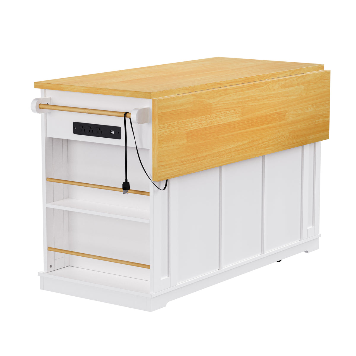 K&K 53inch Large Kitchen Island with Drop Leaf, Power Outlet, Door Internal Storage Rack, Rolling Kitchen Cart on 5 Wheels with 5 Open Side Racks for Kitchen, Dining Room,White(Not include bar stools) N707P185531W-djyc