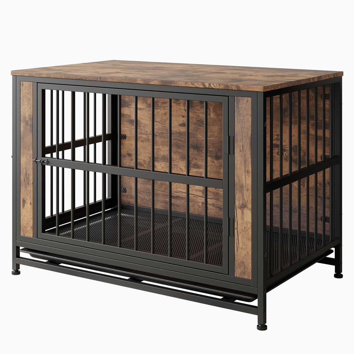 Dog Crate Furniture,Wooden Dog Crate Table, 38.9" Dog Kennel with 2 Sliding Doors and Thick Iron Door Frame, Decorative Pet Crate House for Large/Medium/Small Dog Indoor Use(Rustic Brown) W840P203068-djyc