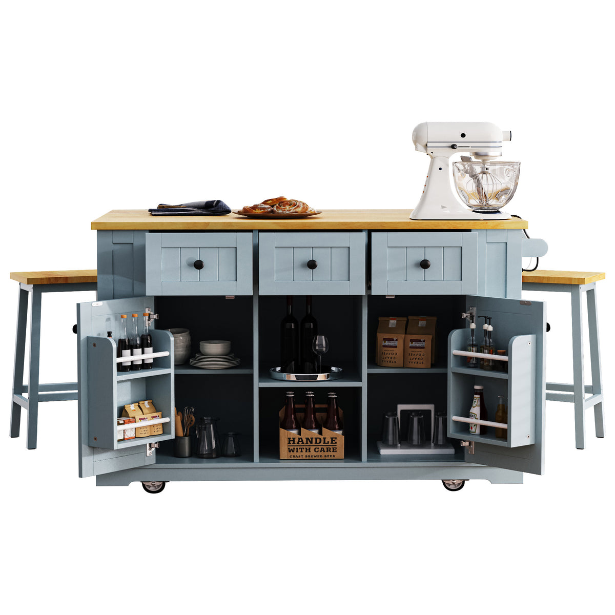 K&K 53inch Large Kitchen Island with 2 Bar Stools, Power Outlet,Door Internal Storage Rack,Kitchen Storage Cart on 5 Wheels with Drop Leaf,5 Open Side Racks,3 Drawers for Kitchen,Dining Room,Grey Blue N707S000007G-djyc