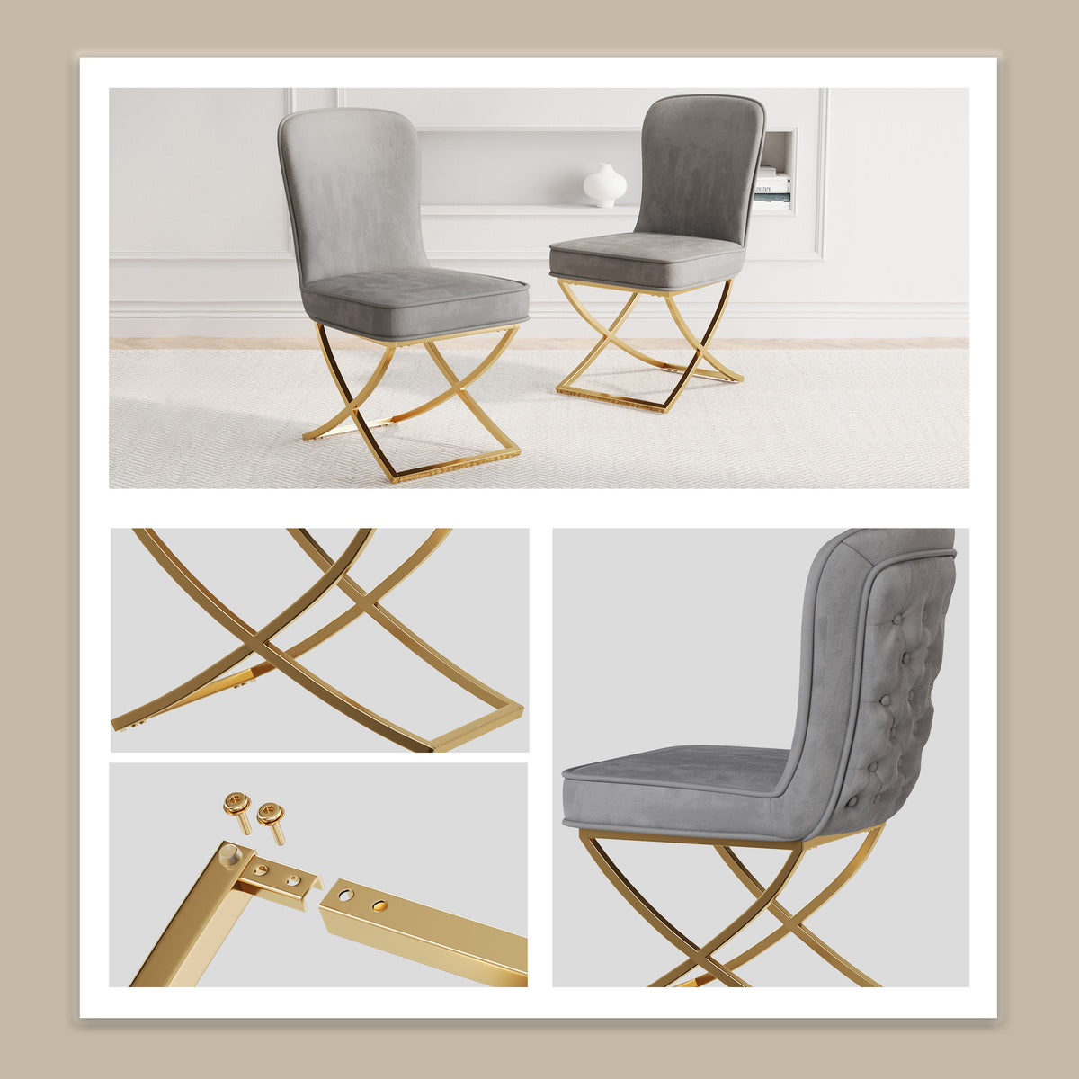 Dining Chair Set of 2, grey velvet Backrest and golden Metal legs.For Modern Kitchen Dining Room Chair for Kitchen Living Modern decorative Leisure chairs Office chairs W1727P195279-djyc