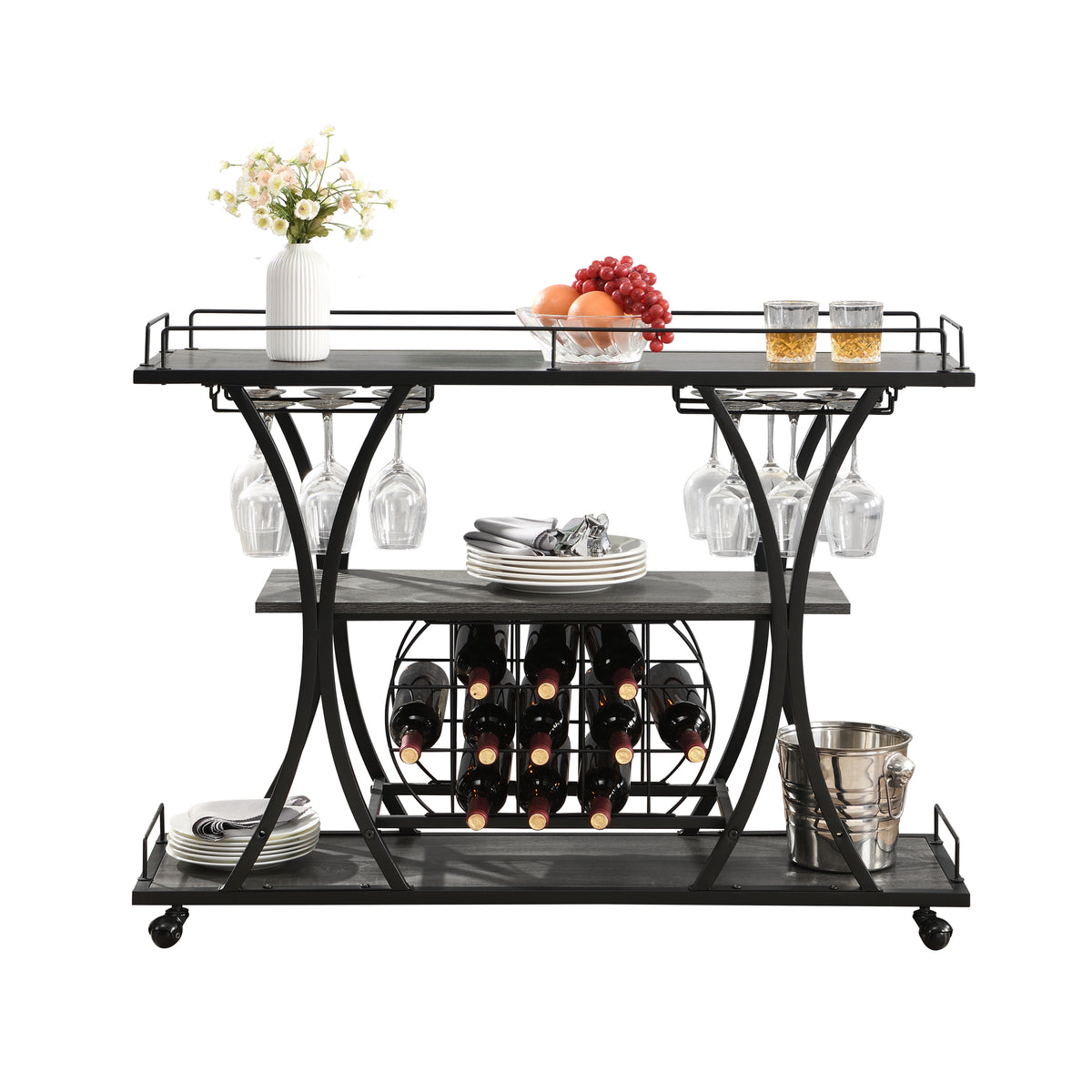 Industrial Bar Cart Kitchen Bar&Serving Cart for Home with Wheels 3 -Tier Storage Shelves W82151001-djyc