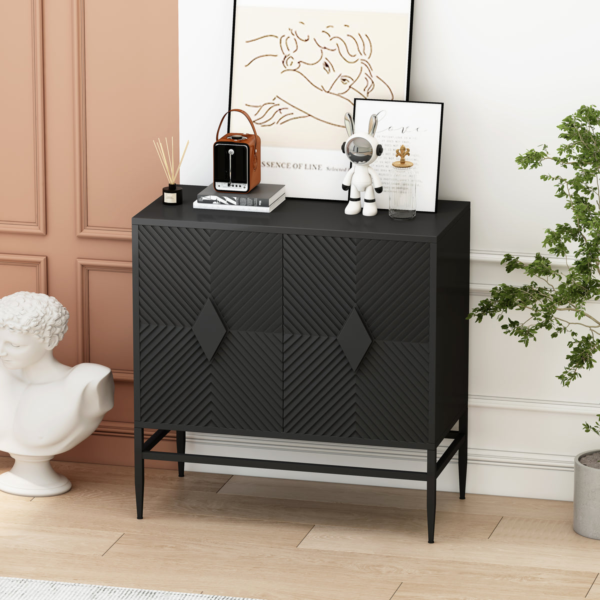 31.50" Modern 2 Door Wooden Storage Cabinet Accent Cabinet with Metal Leg Featuring Two-tier Storage, for Living Room, Entryway and Dining Room, Painted in Black W1435P206312-djyc