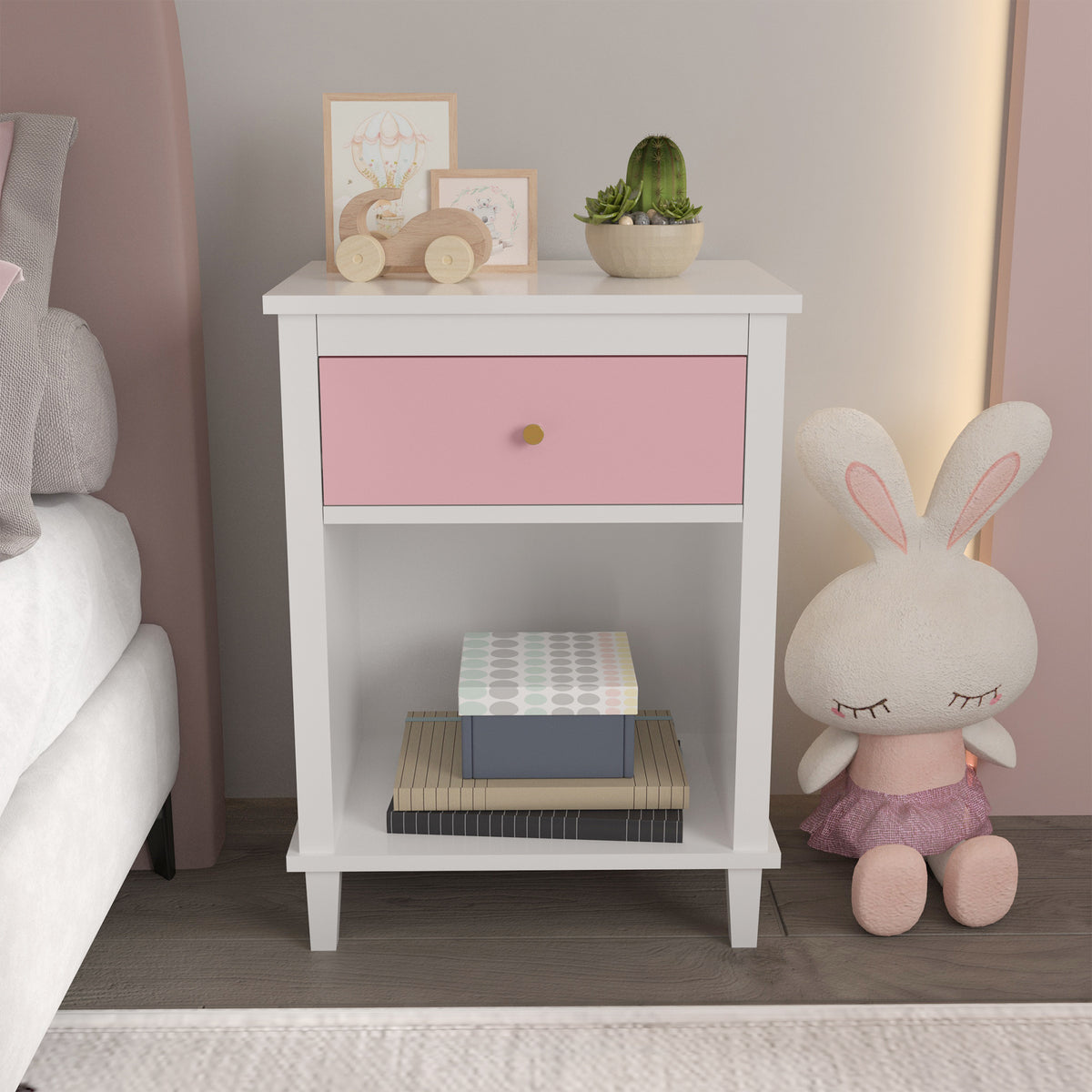 26.77''H Wooden Nightstand with One Drawer One Shelf for Kids, Adults, Pink W80859135-djyc