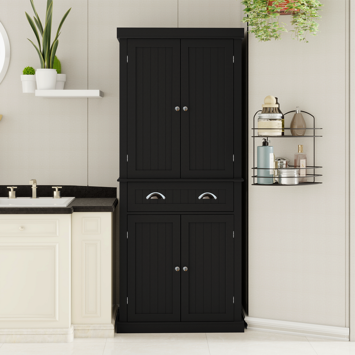 71" Kitchen Pantry Storage Cabinet , with 4 Doors, Drawer, 2 Adjustable Shelves, Freestanding Cupboard for Dining Room Living Room, Laundry-Black W282S00032-djyc