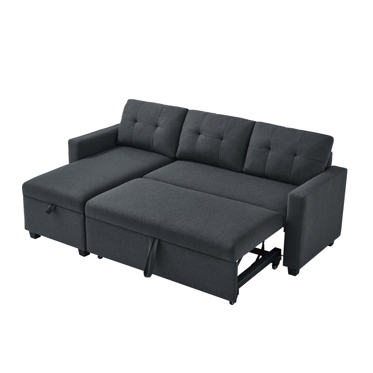 Upholstered Pull Out Sectional Sofa with Storage Chaise, Convertible Corner Couch, Dark Grey W2336S00012-djyc