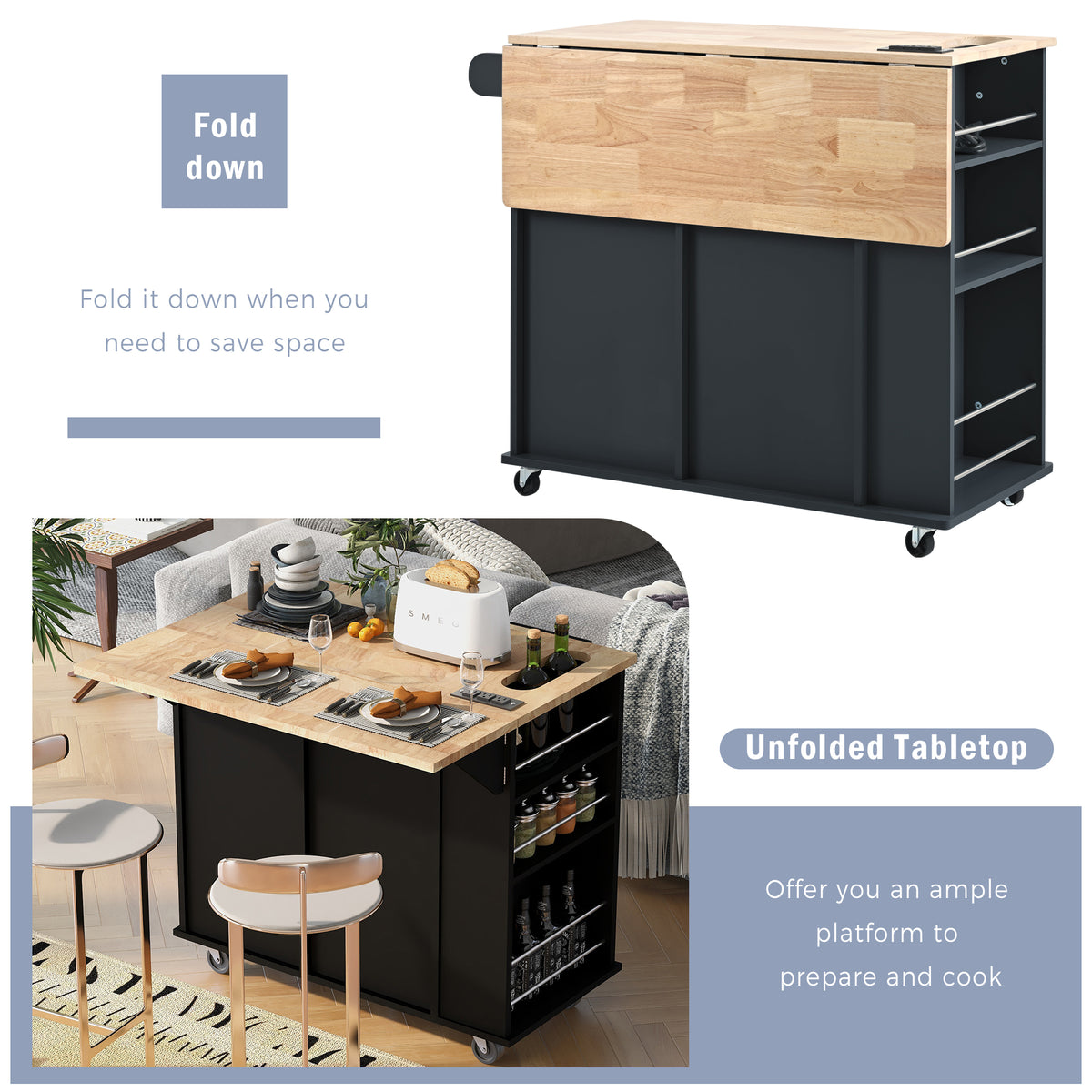 Kitchen Island with Power Outlet,Kitchen Storage Island with Drop Leaf and Rubber Wood,Open Storage and Wine Rack,5 Wheels,with Adjustable Storage for Home, Kitchen, and Dining Room, Black WF305556AAB-djyc