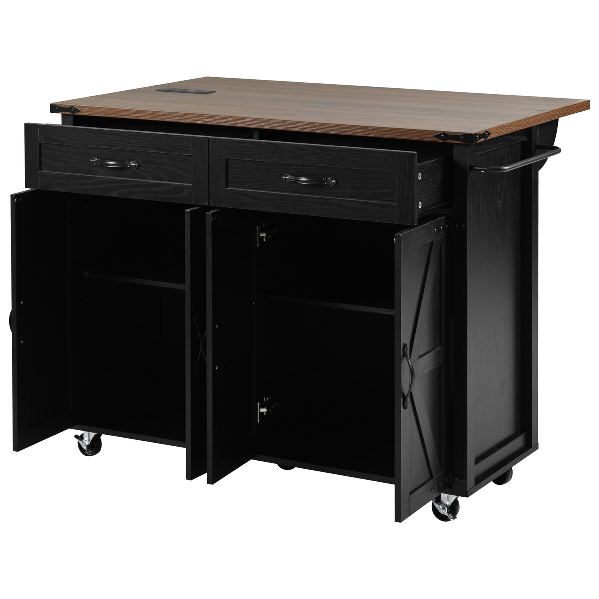 K&K 53.5''Farmhouse Kitchen Island with Power Outlet, Kitchen Storage Island with Drop Leaf, Spice Rack and Drawer, Rolling Kitchen Cart on Wheels, for Home, Kitchen and Dining Room, Black N707P170348B-djyc