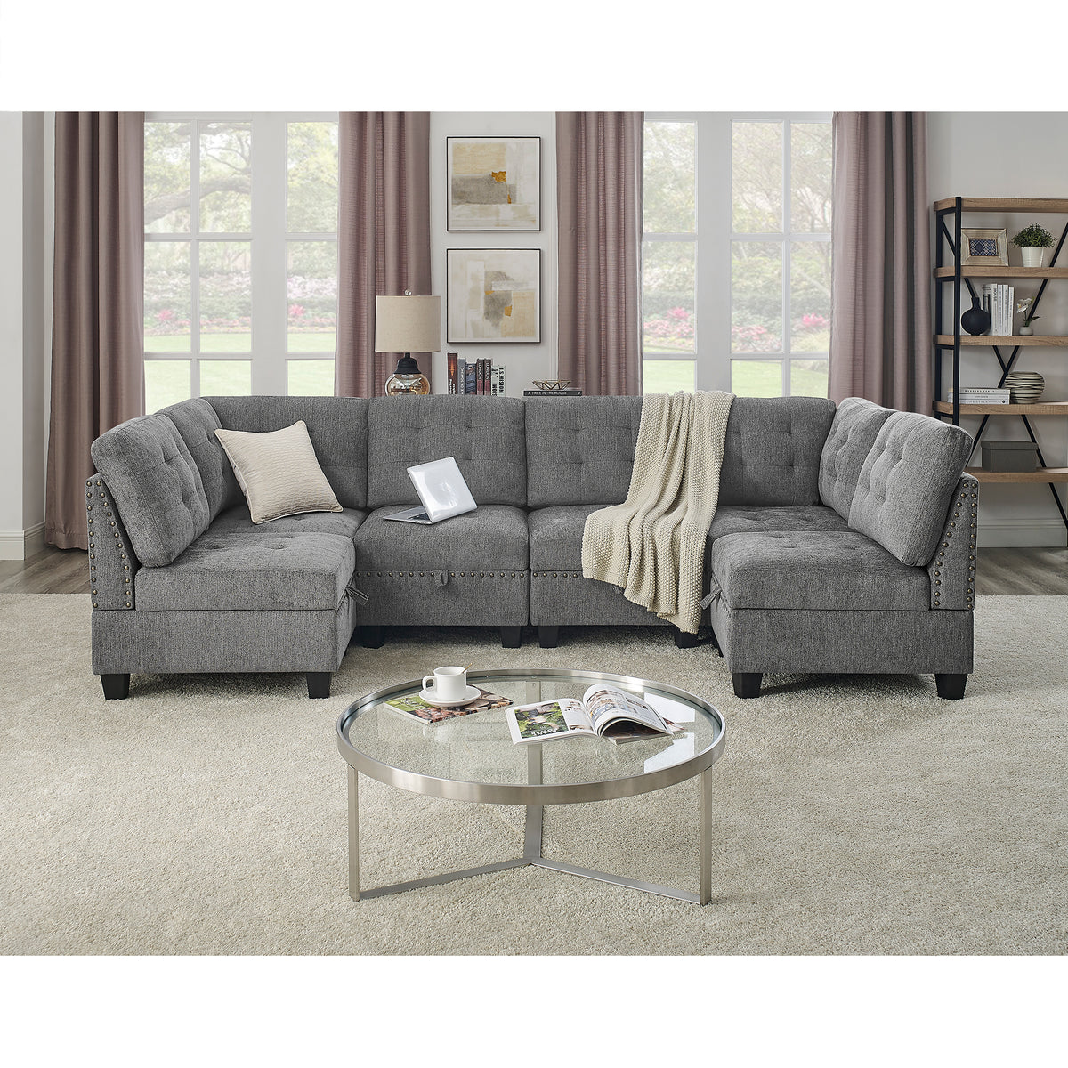 U shape Modular Sectional Sofa,DIY Combination,includes Four Single Chair and Two Corner,Grey Chenille W487S00199-djyc