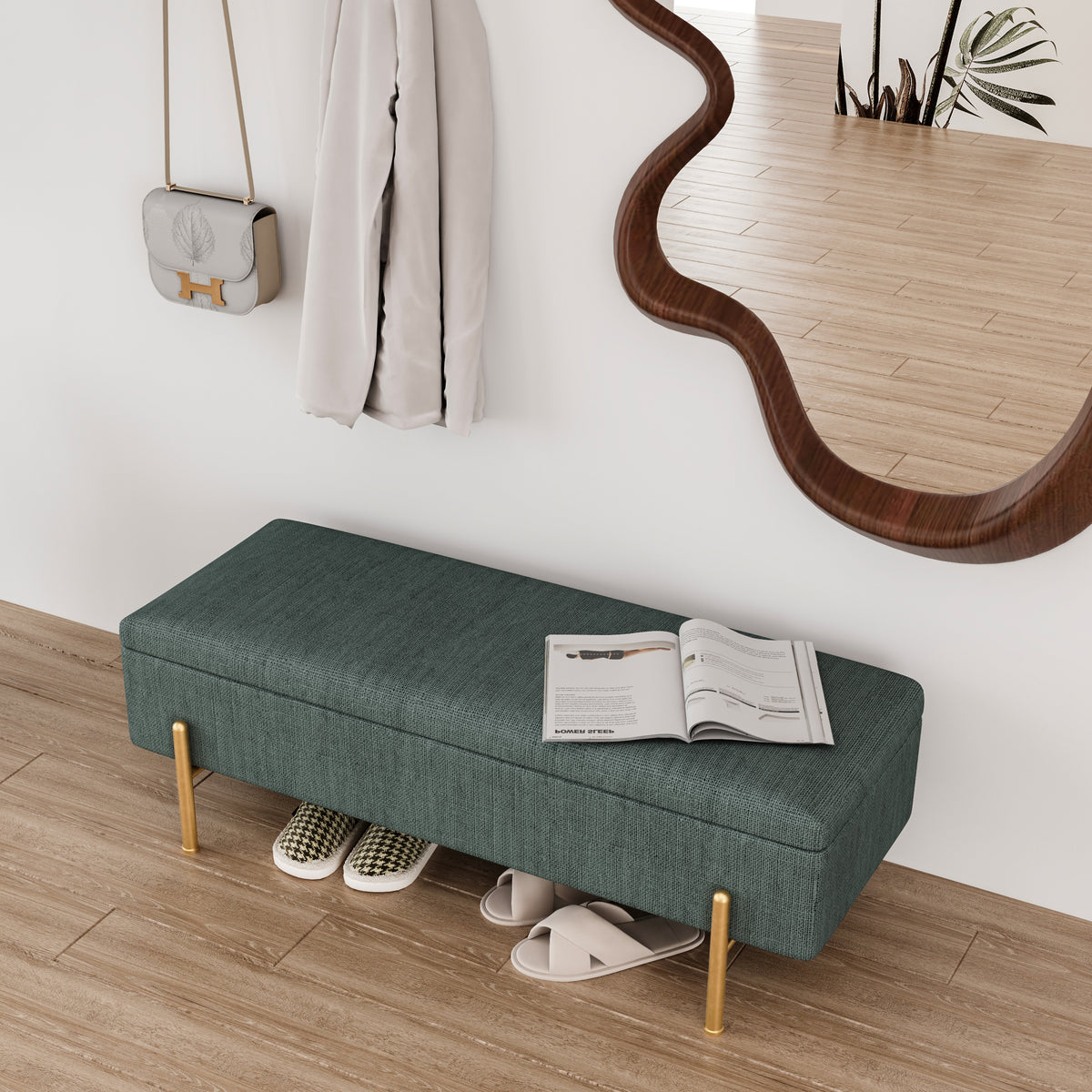 Upholstered Storage Bench Rectangular Ottoman Entryway Bench Storage Chest with Padded Seat Bed End Stool for Hallway Living Room Bedroom, Green Chenille Fabric W1435P163387-djyc