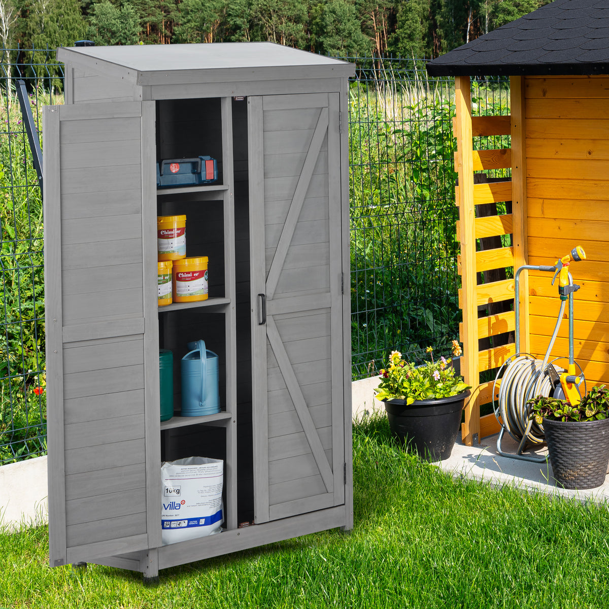 Outdoor Storage Cabinet and Metal Top,Garden Storage Shed,Outdoor 68 Inches Wood Tall Shed for Yard and Patio W1390121823-djyc